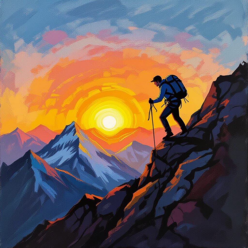 Man Climbing Mountain Towards Sunrise in Oil Pastel Style