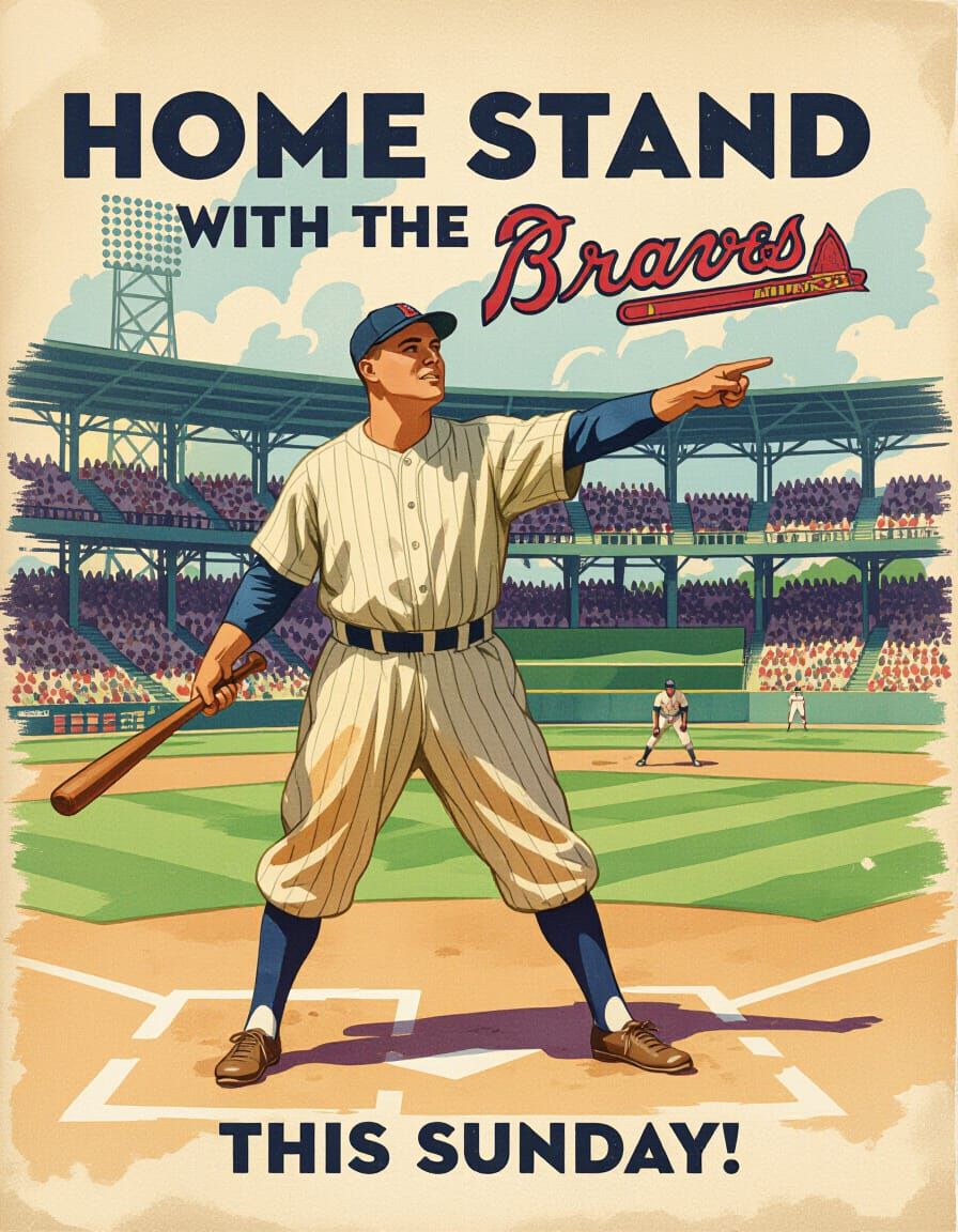 Baseball Player in Vintage Attire, Home Stand with the Brave...