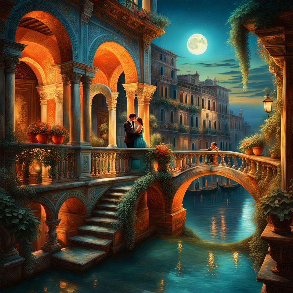 Romantic Couple on Venetian Terrace in Oil Painting Style