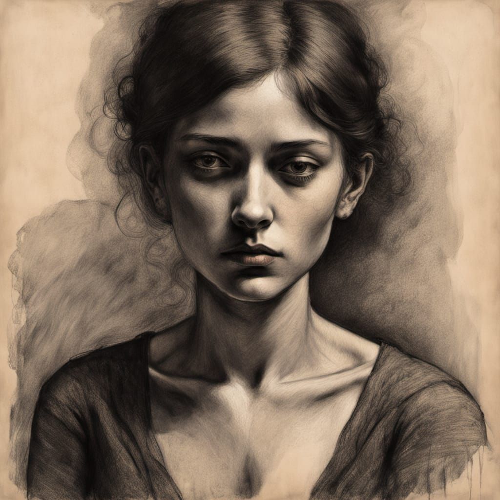 Mysterious Woman in Charcoal Drawing Style