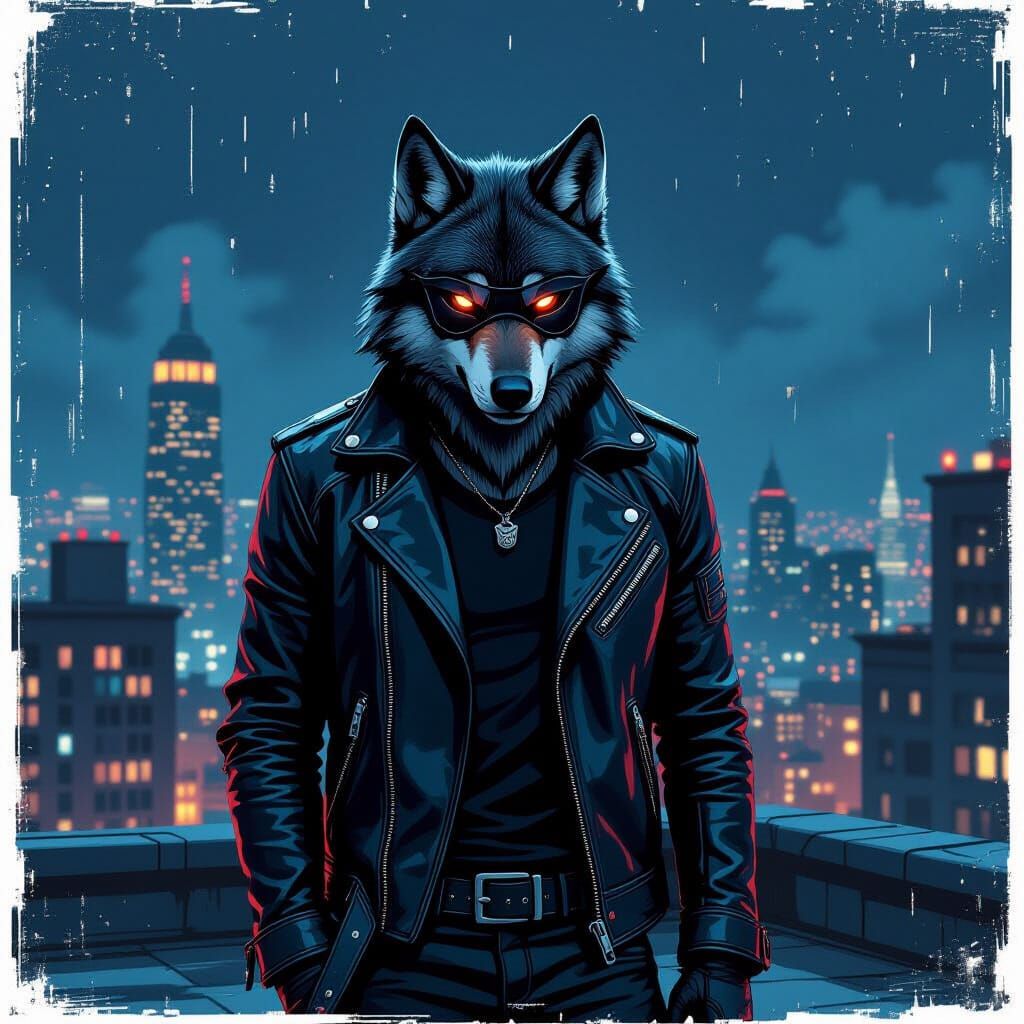 Wolf Vigilante in Film Noir Style on City Rooftop