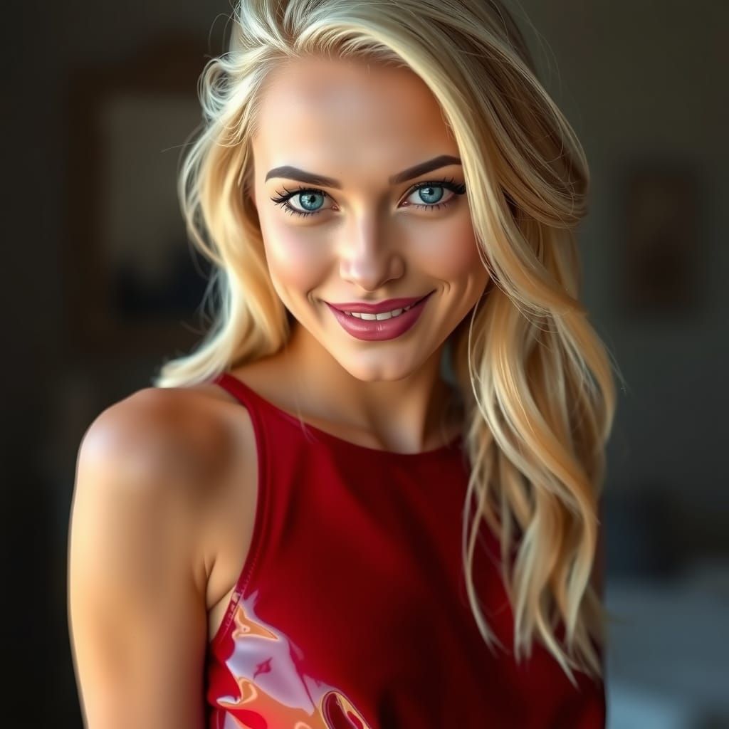 Hyperrealistic Portrait of a Blonde Woman in Red Latex