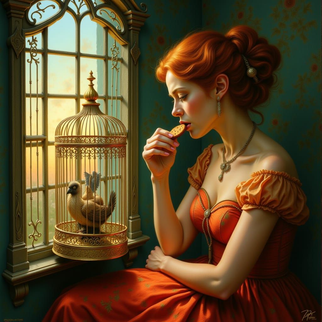 Woman in Gilded Cage Gazes at Sunlit Window