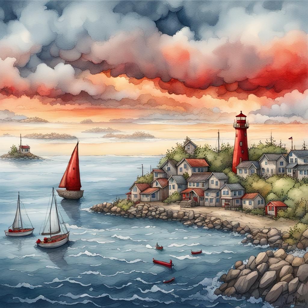 Coastal Town Watercolor Painting in Detailed Matte Style