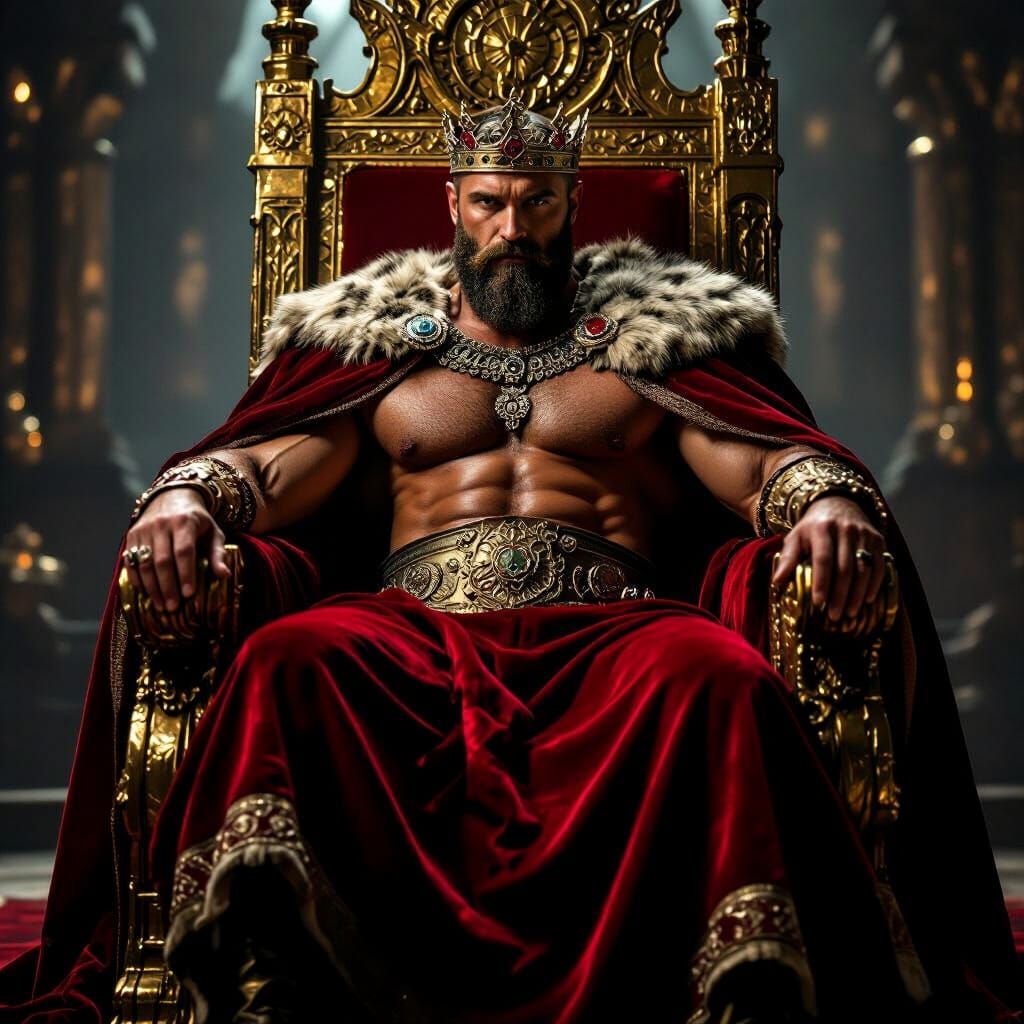 Muscular King on Golden Throne in Dramatic Cinema Style