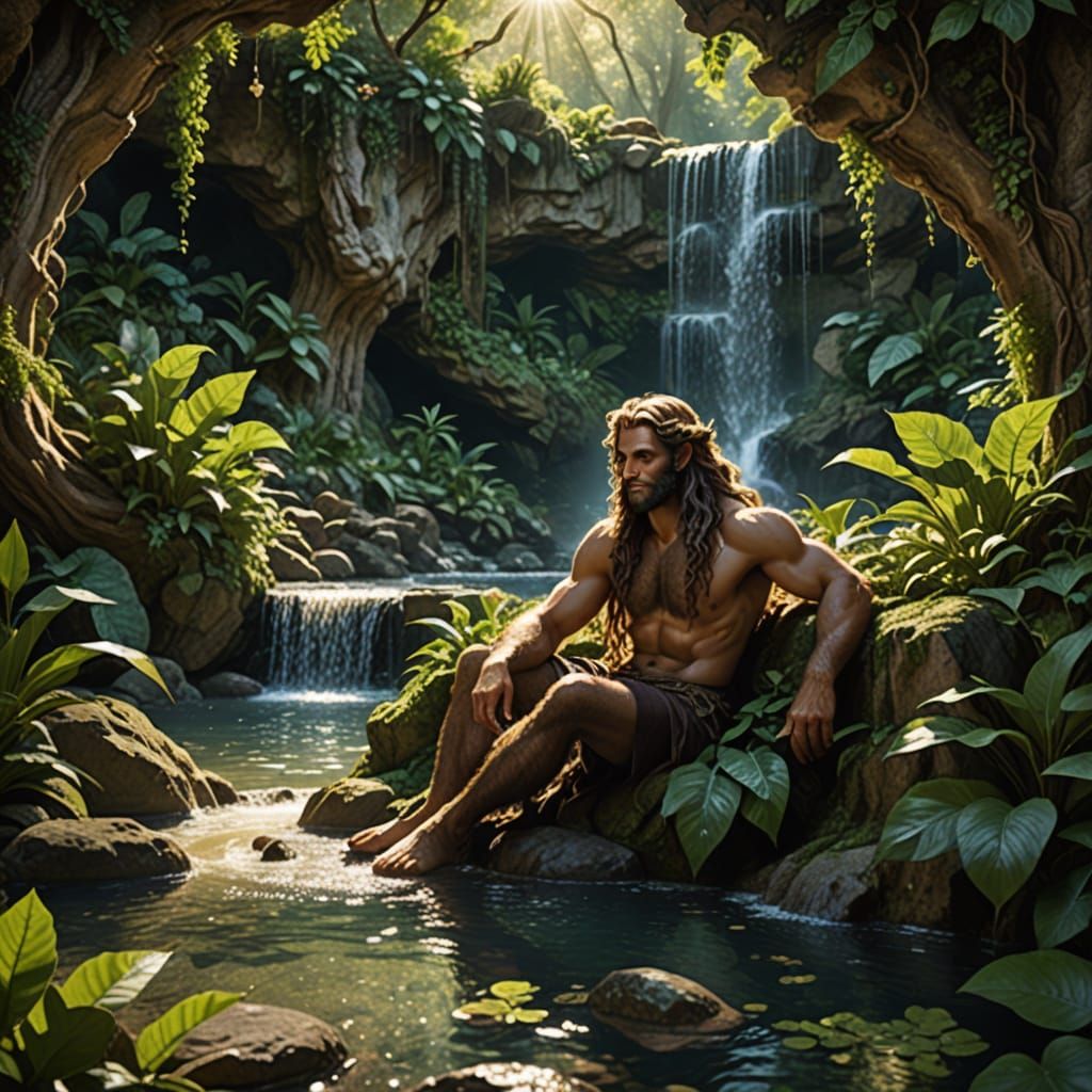 Sensual Satyrs Lounging in Grotto with Waterfalls