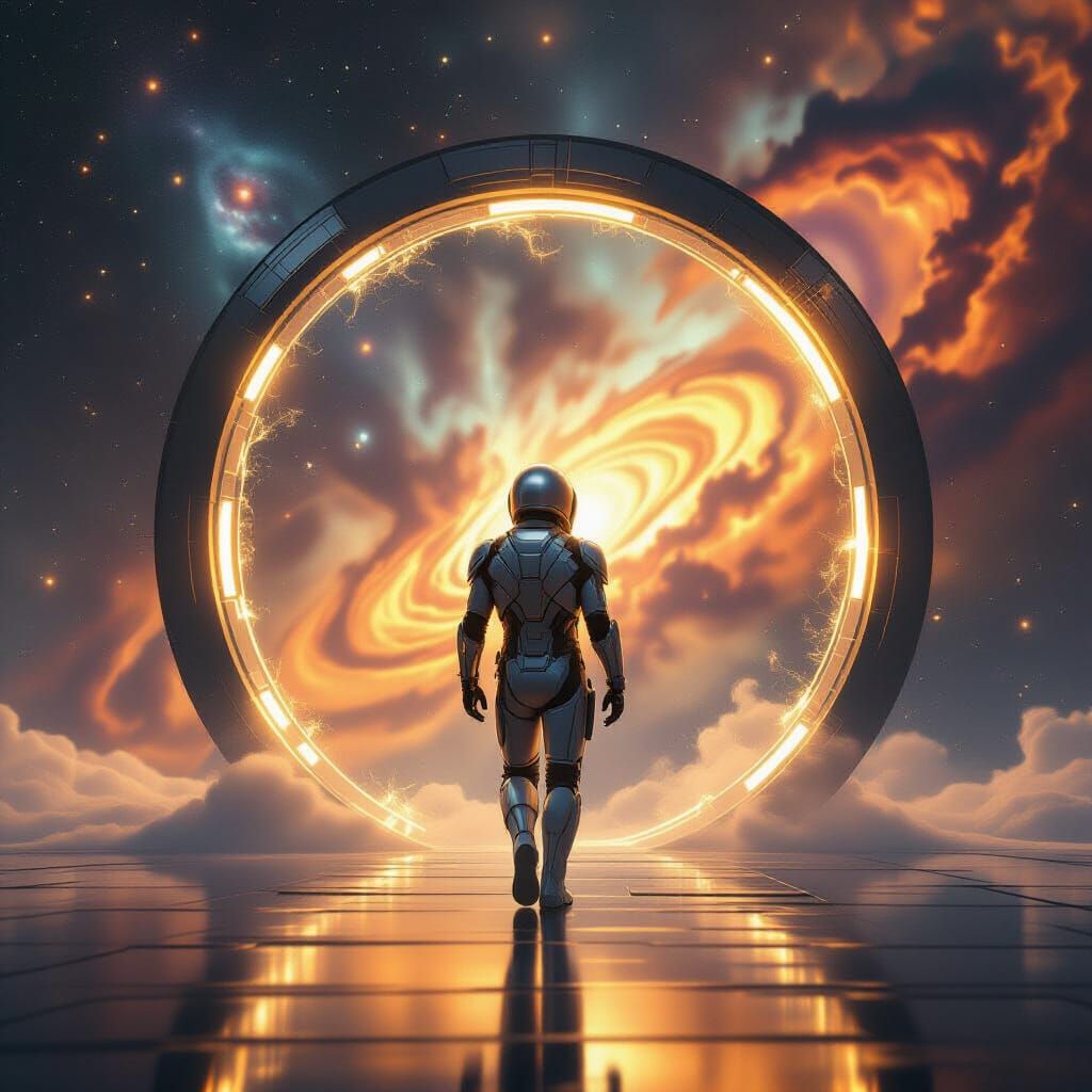 Futuristic Adventurer Enters Cosmic Portal