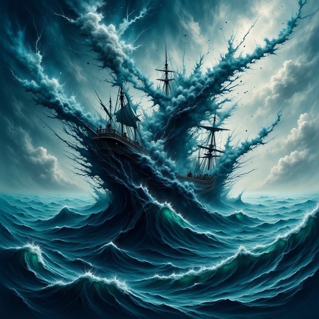 Sinking Pirate Ship in Turbulent Ocean Depths