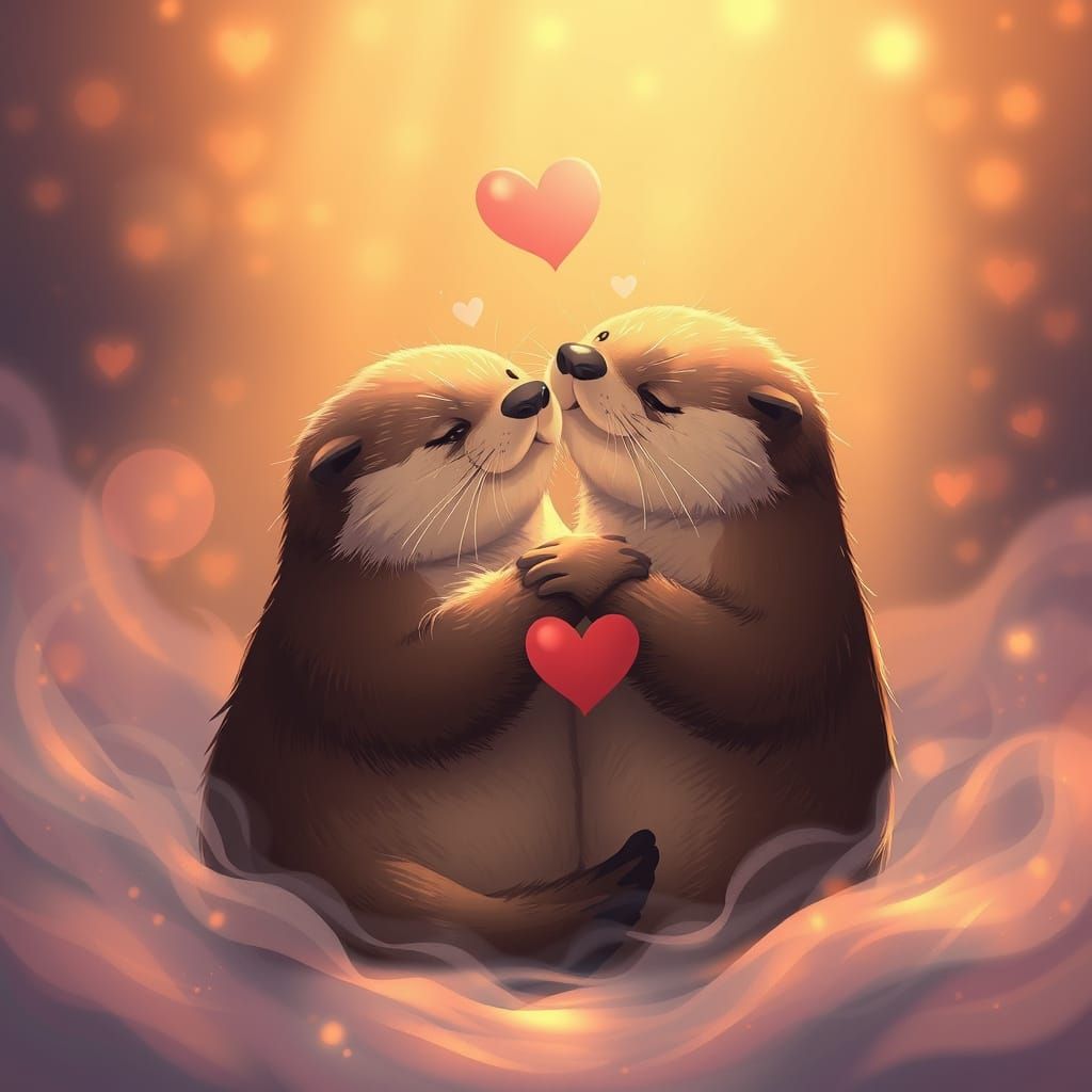 Whimsical Otters in Warm Valentine's Day Hug