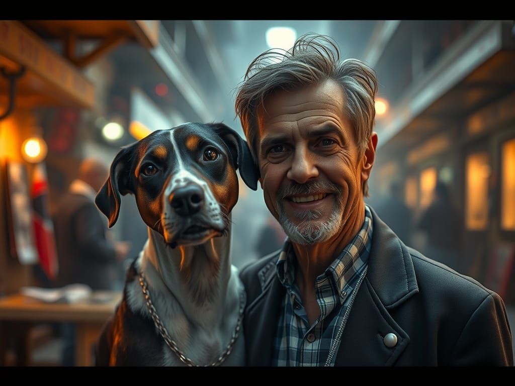 Man and Dog Posing in Atmospheric Digital Art