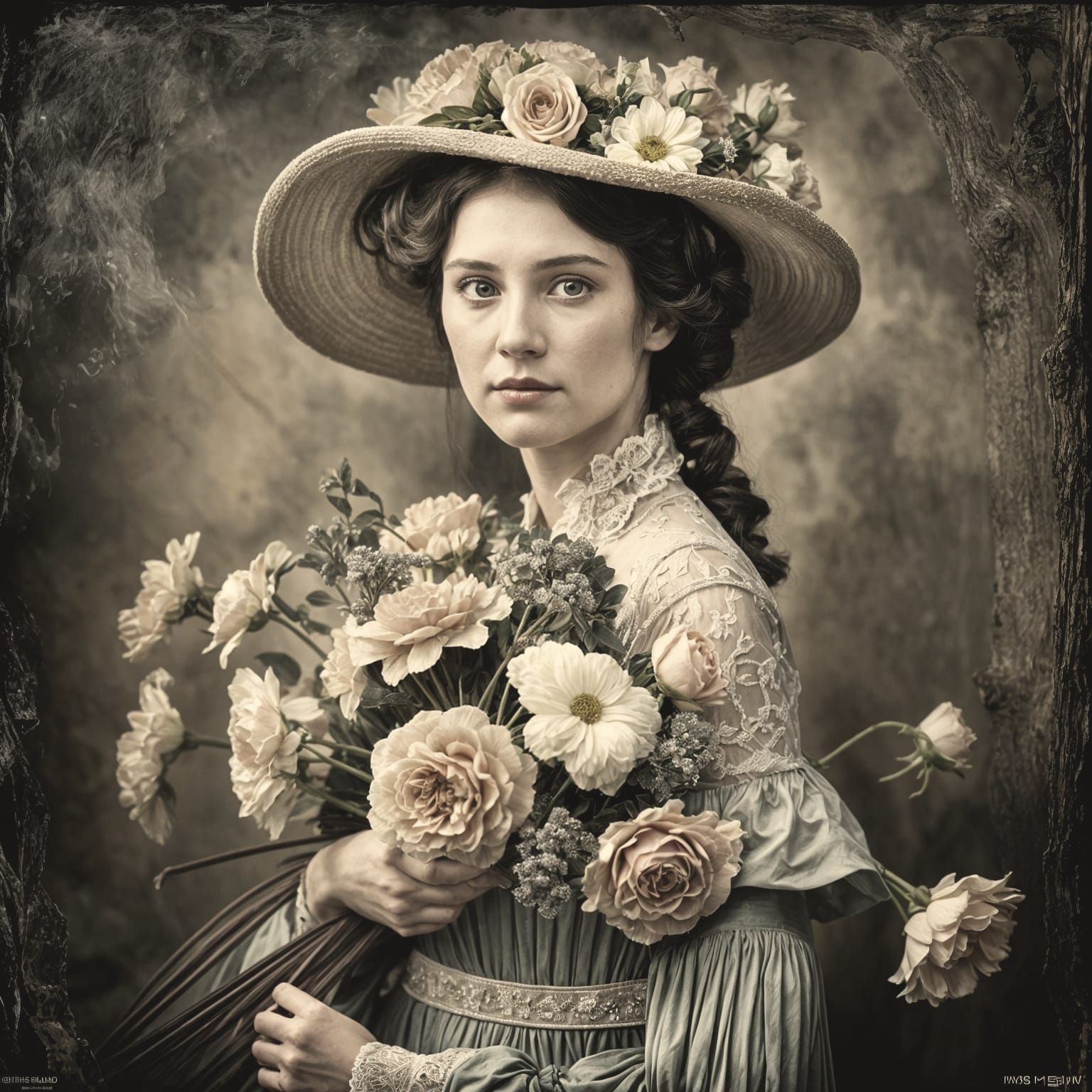 Victorian Woman Portrait with Flowers in Daguerreotype Style