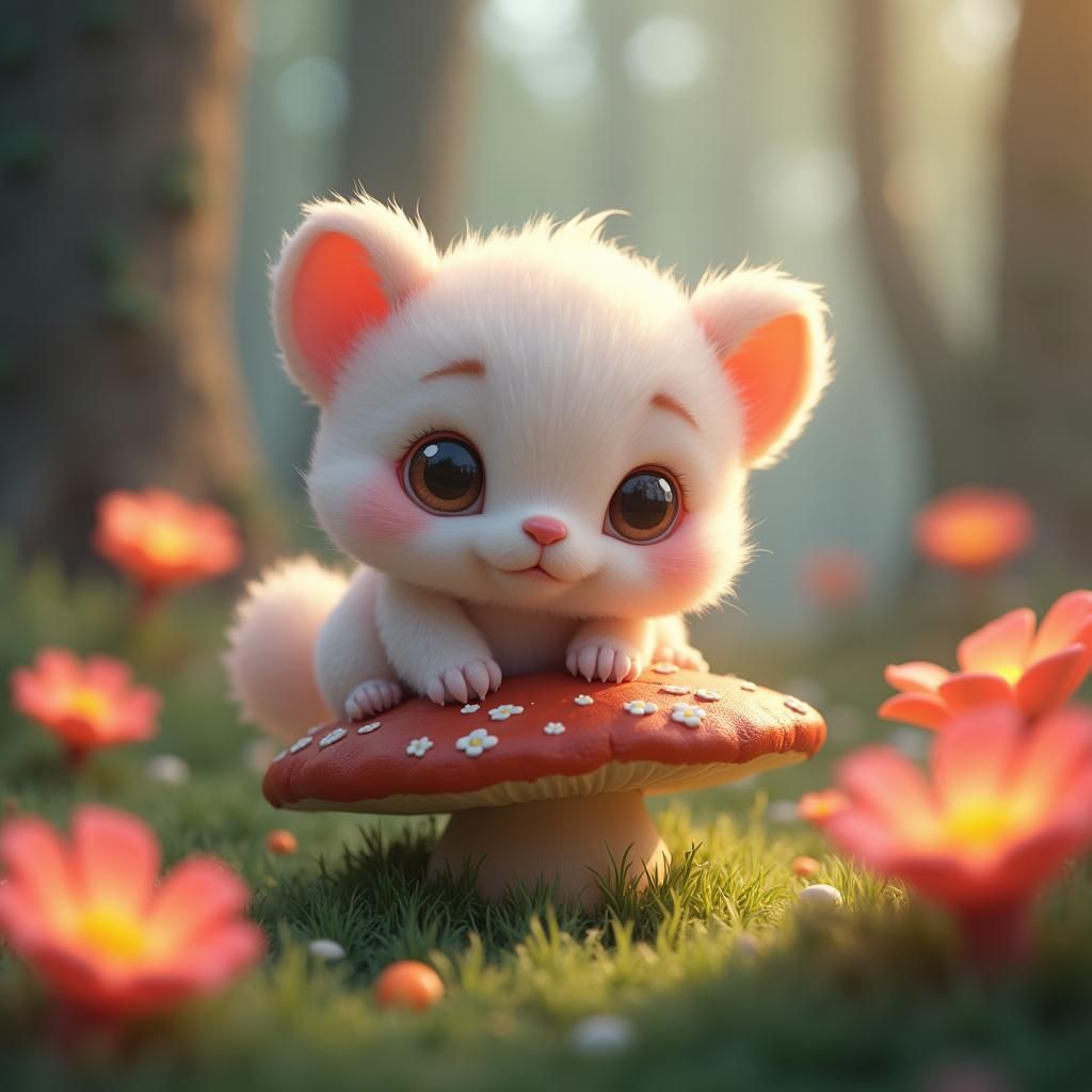 Enchanting Kawaii Animal in Dreamlike Forest, Digital Art