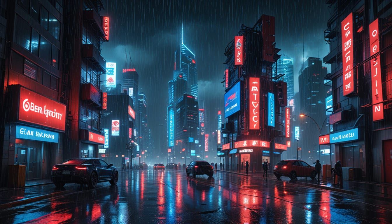 Neon Cyber City Under Rainy Night Skies