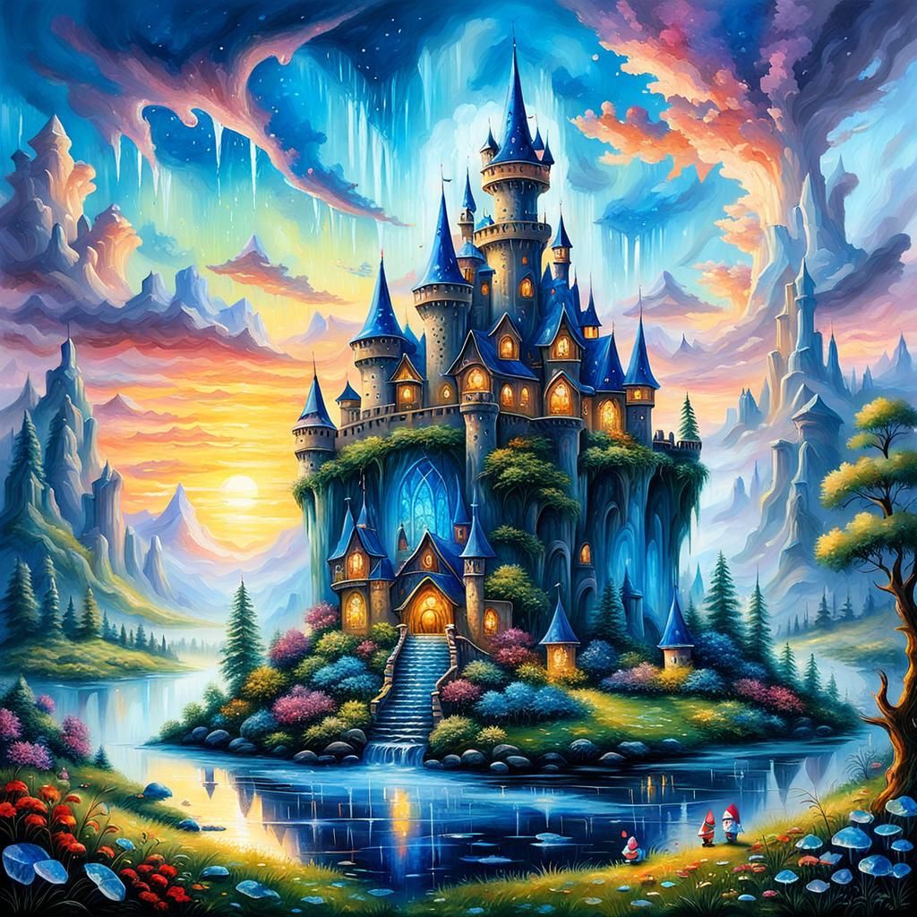 Blue Crystal Gnome Castle Oil Painting