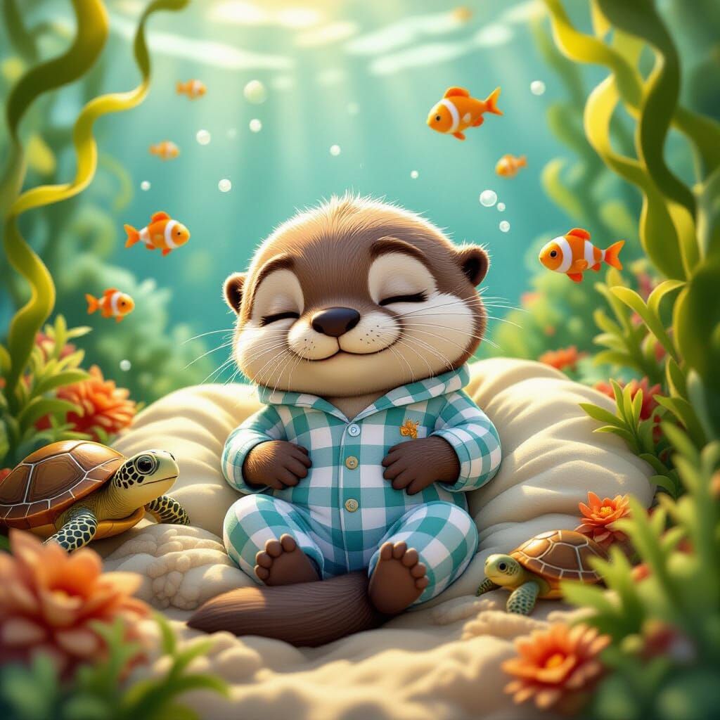 Sleepy Otter in Pajamas in Sunlit Ocean