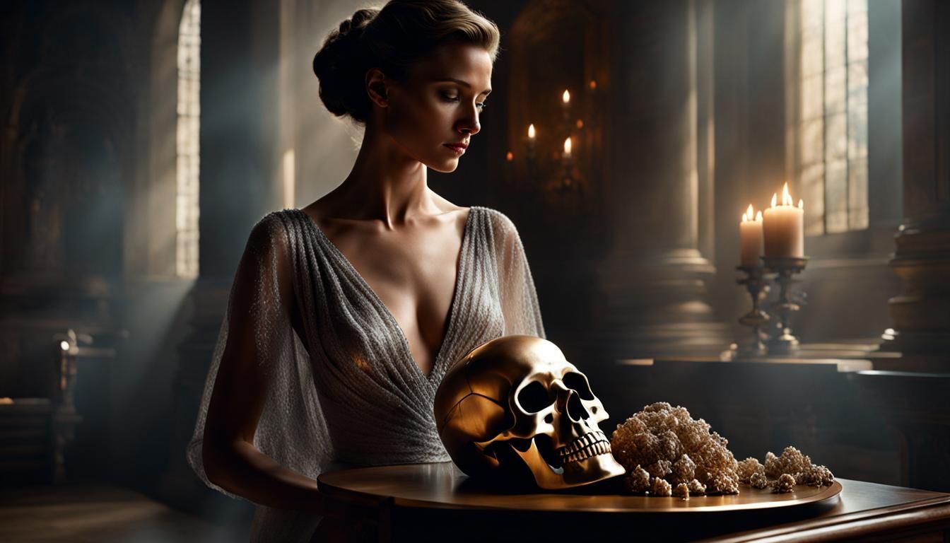 Ethereal Woman with Skull in Hyperrealistic Style