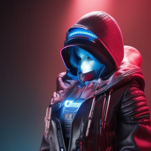 Cybernetic Hacker in Nanopunk Tech-Noir Style