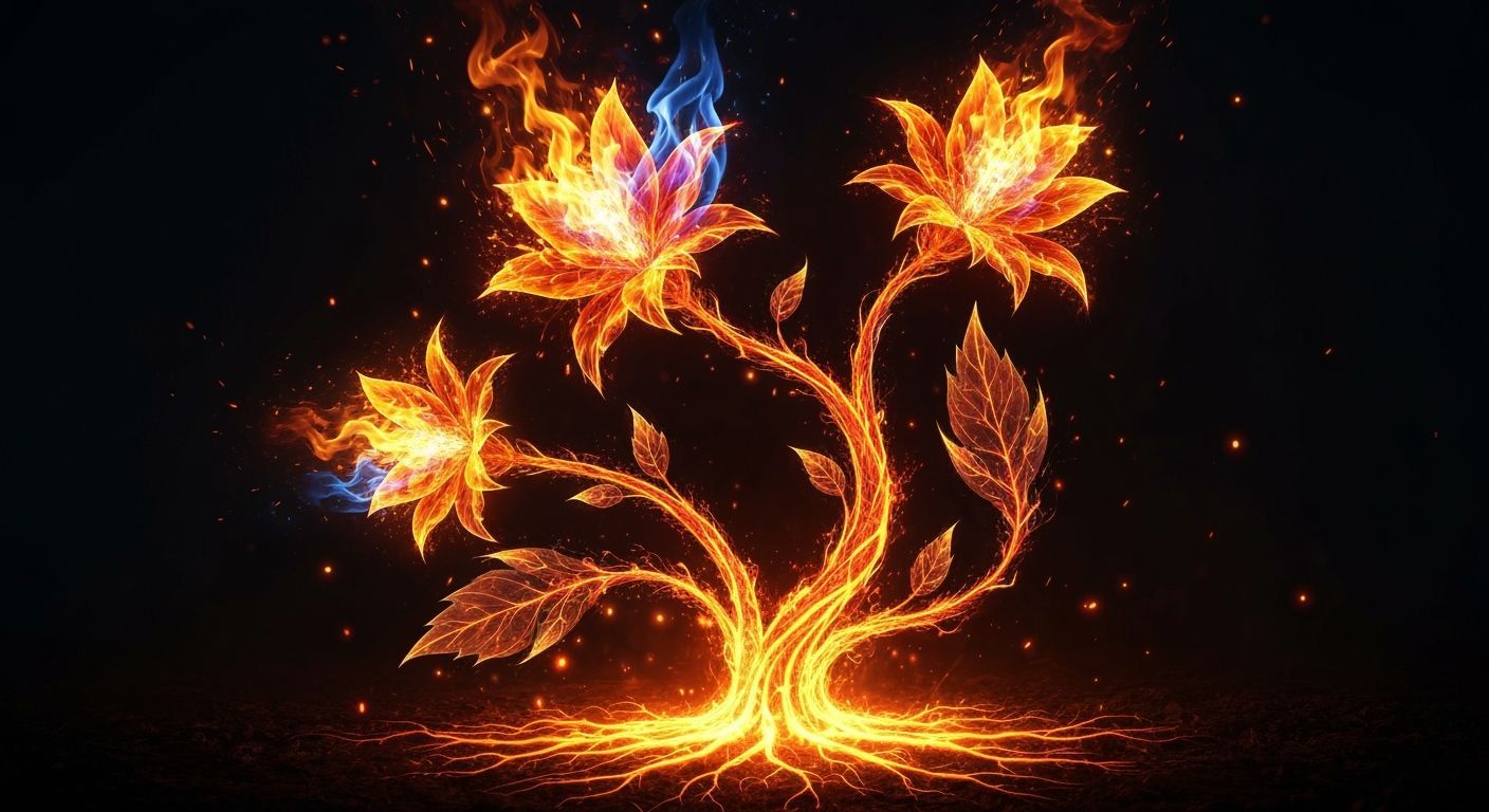 Fiery Plant Illustration with Surreal Flames and Embers