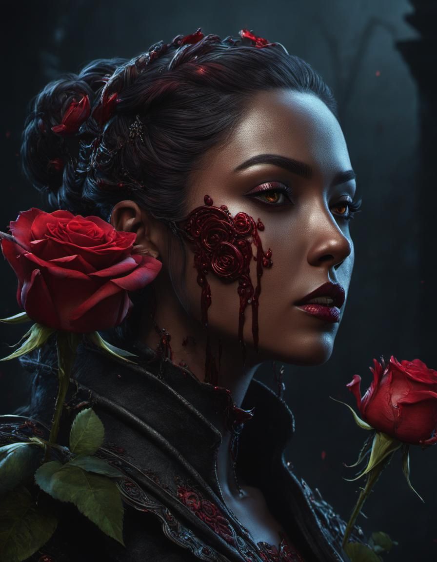 Blood Red Roses Portrait in Dark Fantasy Style