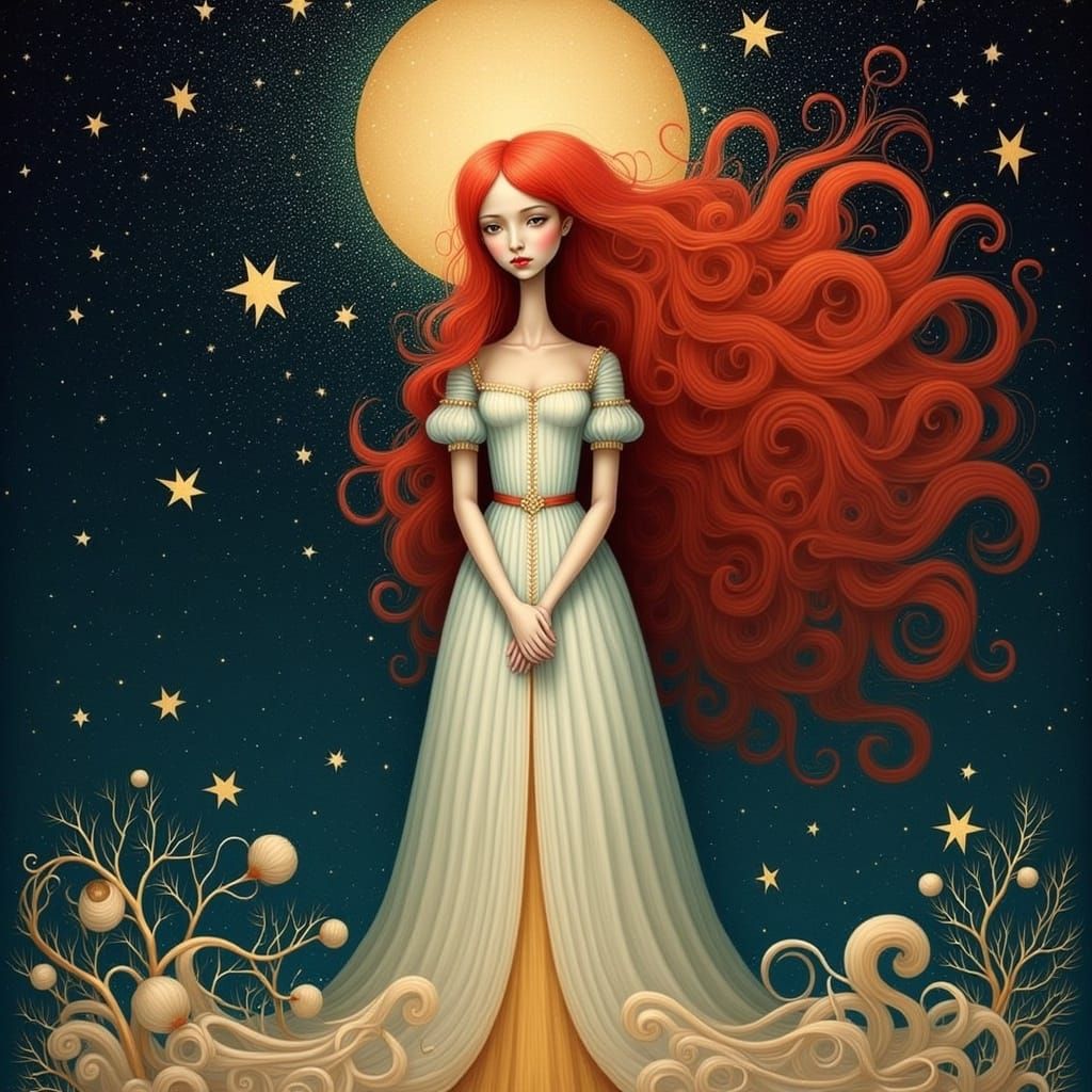 Pre-Raphaelite Woman in Starry Galaxy, Stylized Watercolor