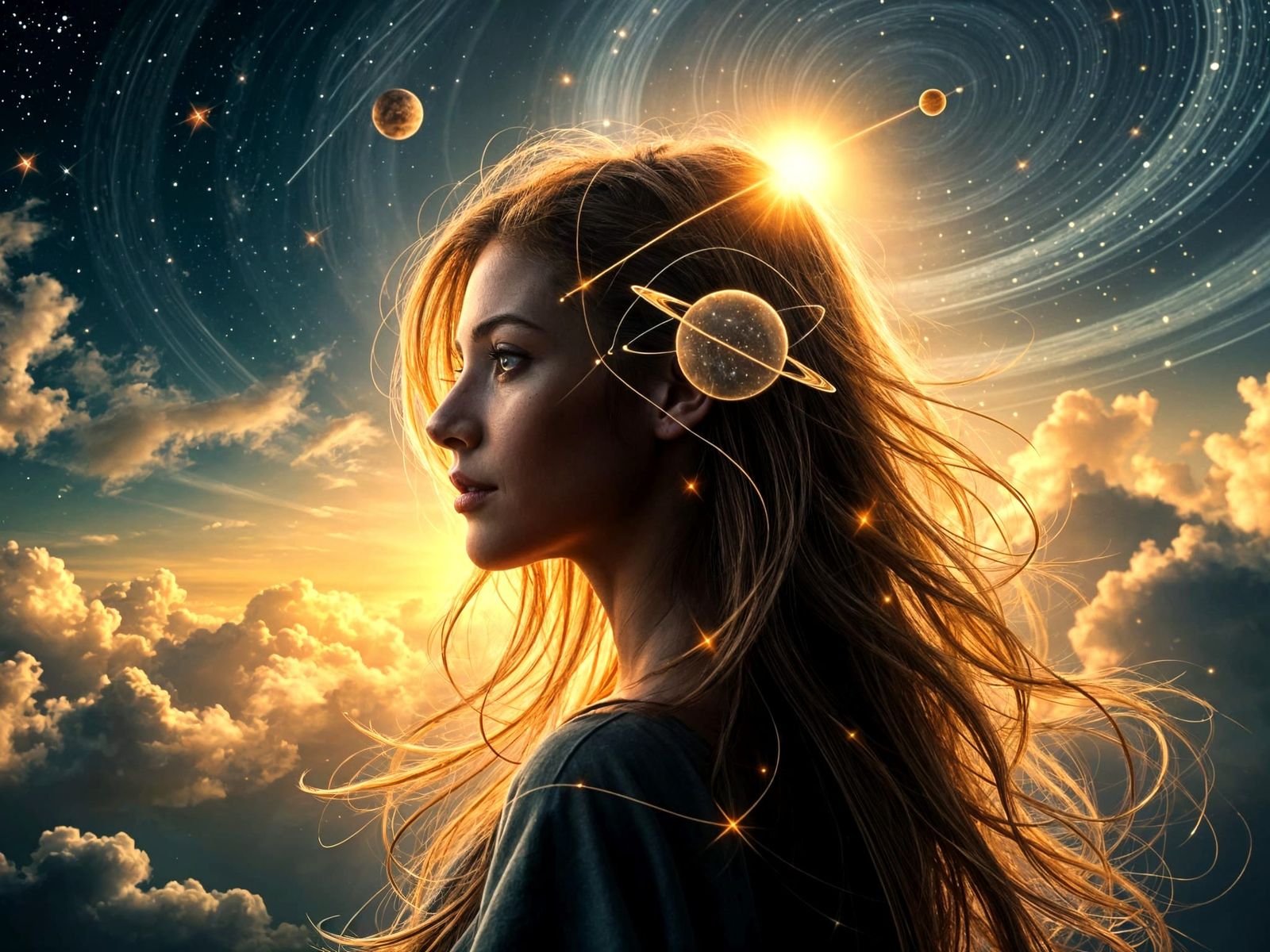 Serene Cosmic Goddess in Starry Skies
