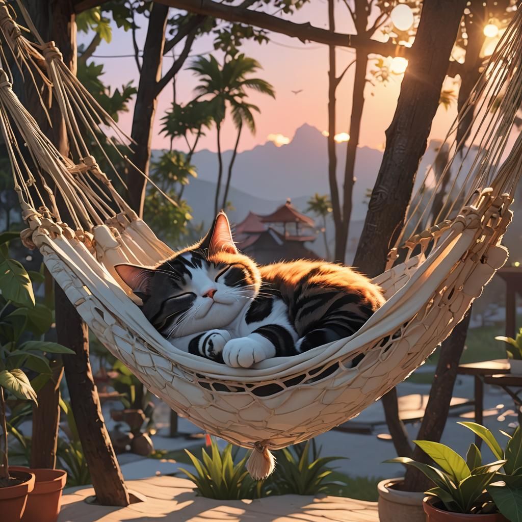 Cat Napping in Hammock at Sunset: 3D Anime Art