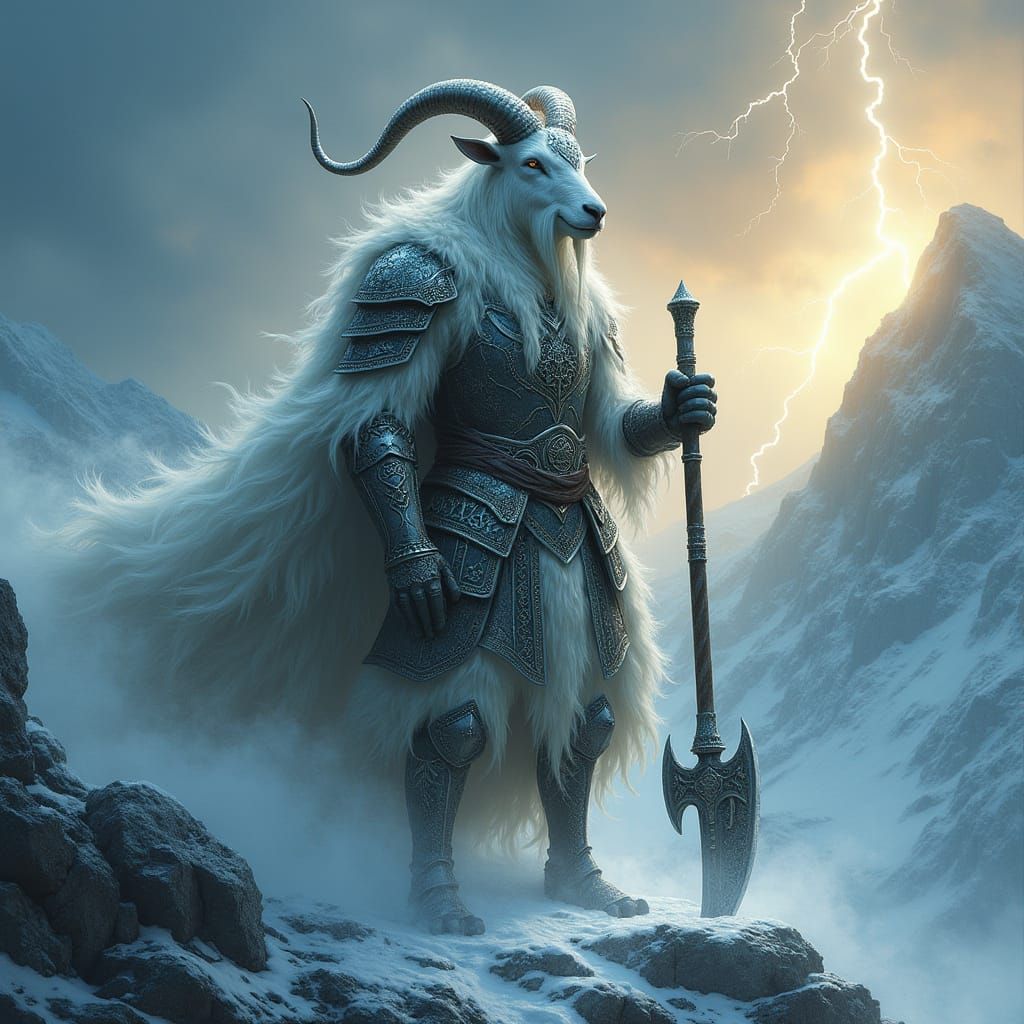 Frosty Goat Warrior Confronts the Stormy Mountain
