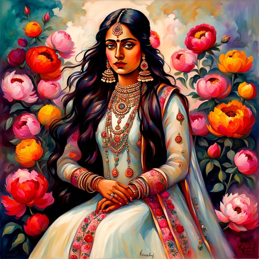 Gujarati Girl with Peonies in Kandinsky Style