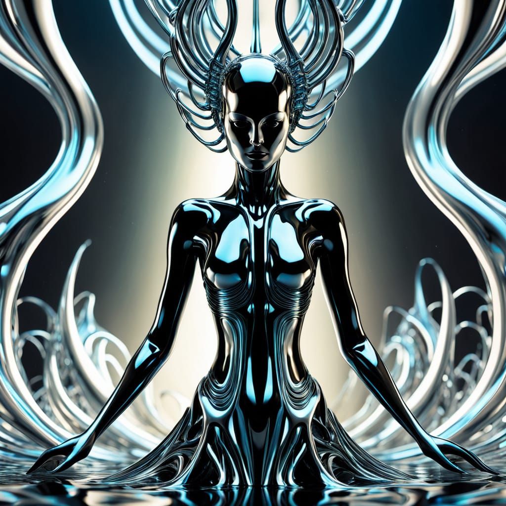 Ferrofluid Dancer in a Shimmering, Iridescent Tesseract