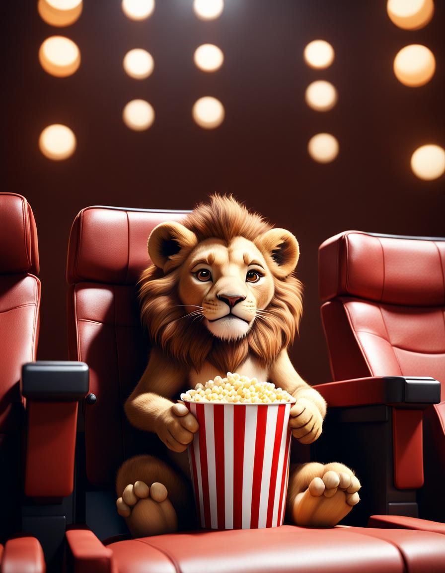 Cute Lion Cub at the Cinema: Digital Art
