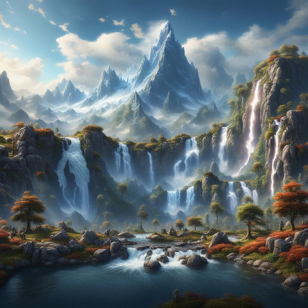Heavenly Mountains and Waterfalls in Detailed Matte Painting