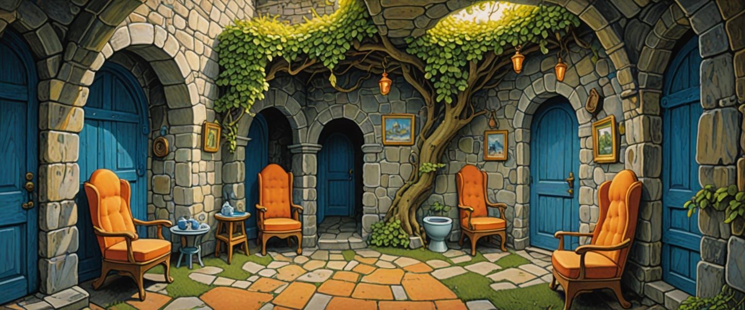 Mysterious Passageways with Colorful Stone Walls in Watercol...