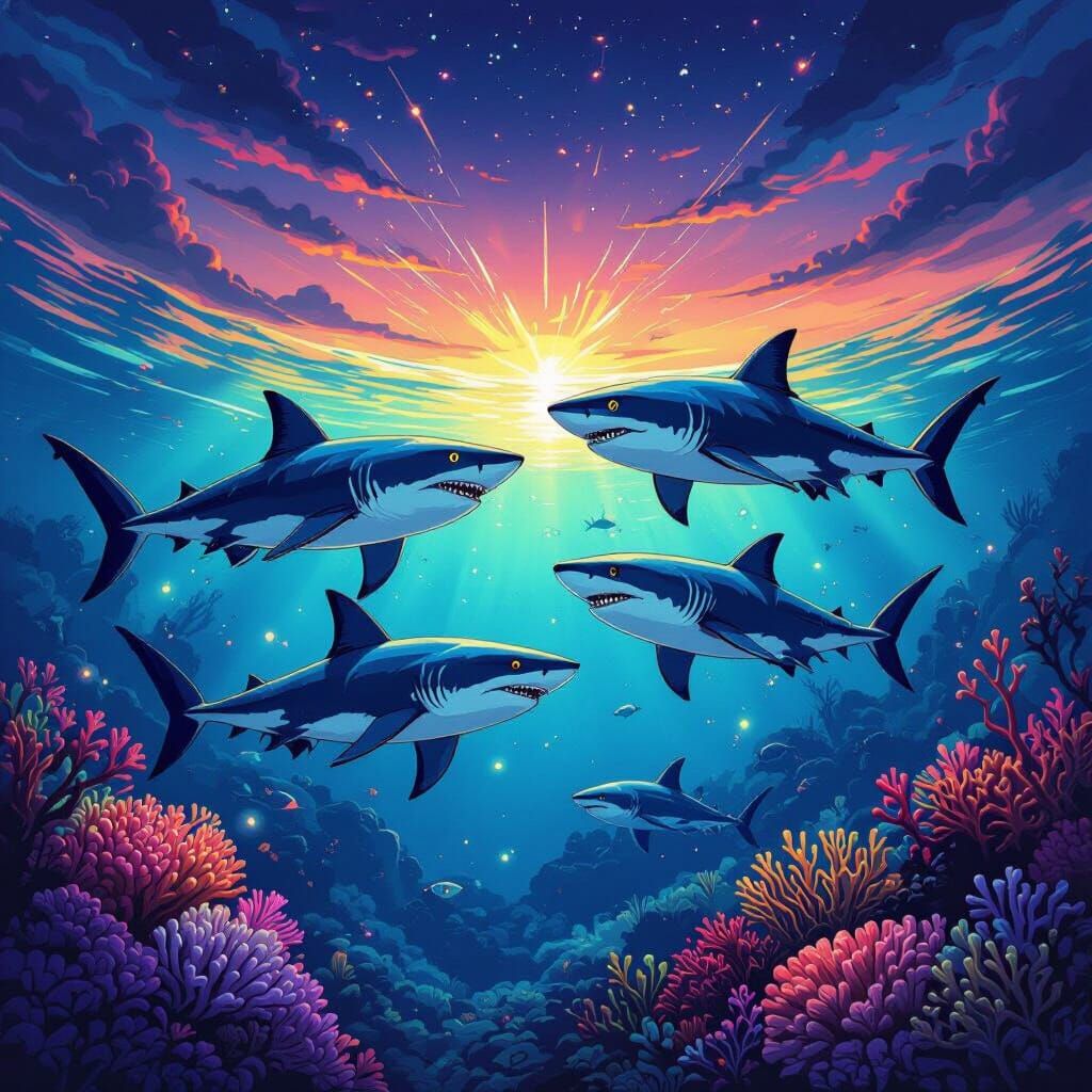 Cosmic Mako Sharks in Vibrant Coral Reef