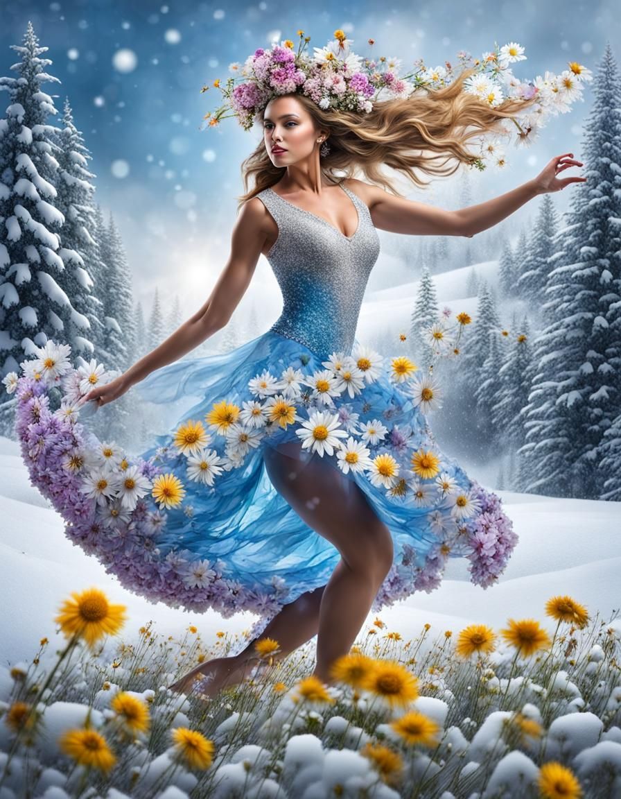 Flower Dancer in Winter Landscape: Hyperrealistic Masterpiec...