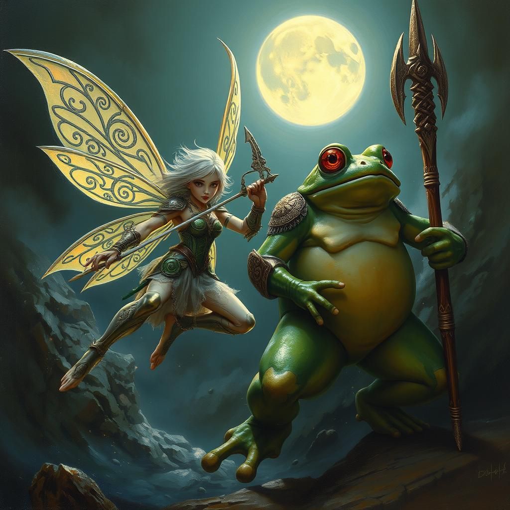 Fairy Elf and Frog Warriors in Surreal Art Deco Style