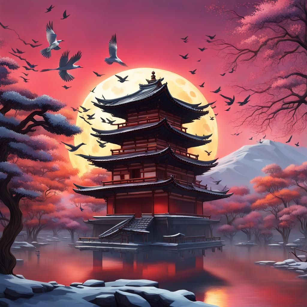 Winter Samurai Temple with Colorful Sky