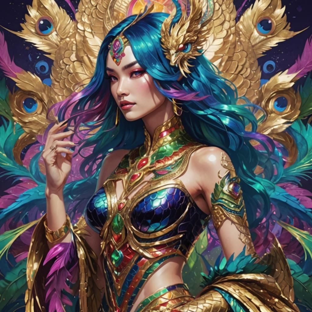 Rainbow Dragon Serpent Woman in Comic Book Art