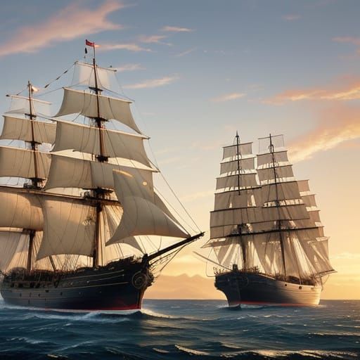 18th Century War Frigate in Golden Light as Oil Painting