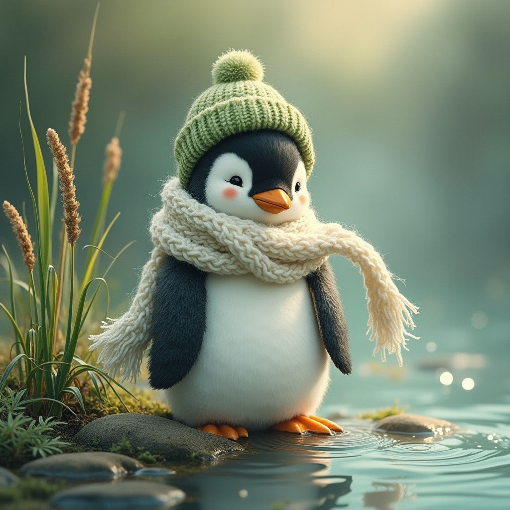 Adorable Penguin in Dreamlike Watercolor Landscape