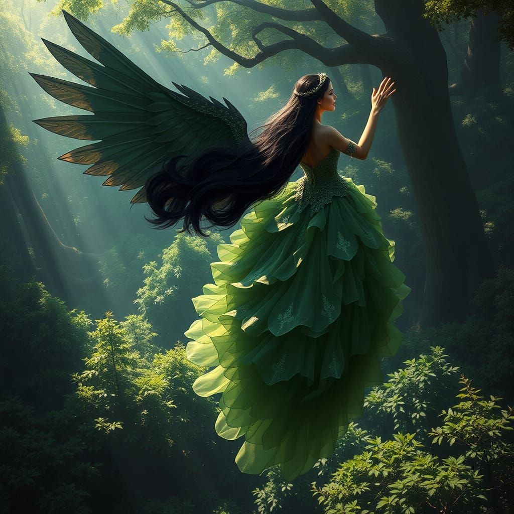 Enchanted Fantasy Princess Soars Above a Lush Forest