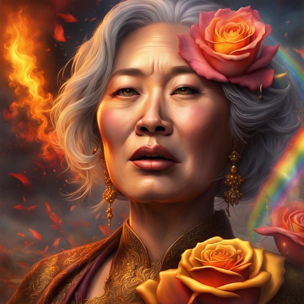 Radiant Asian Woman with Rainbow Light