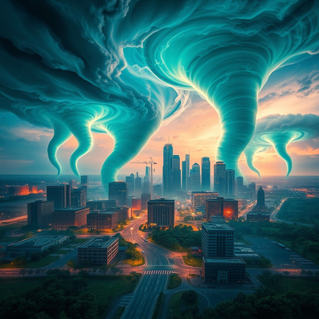 Oklahoma City Skyline Amidst Dreamlike Tornadoes