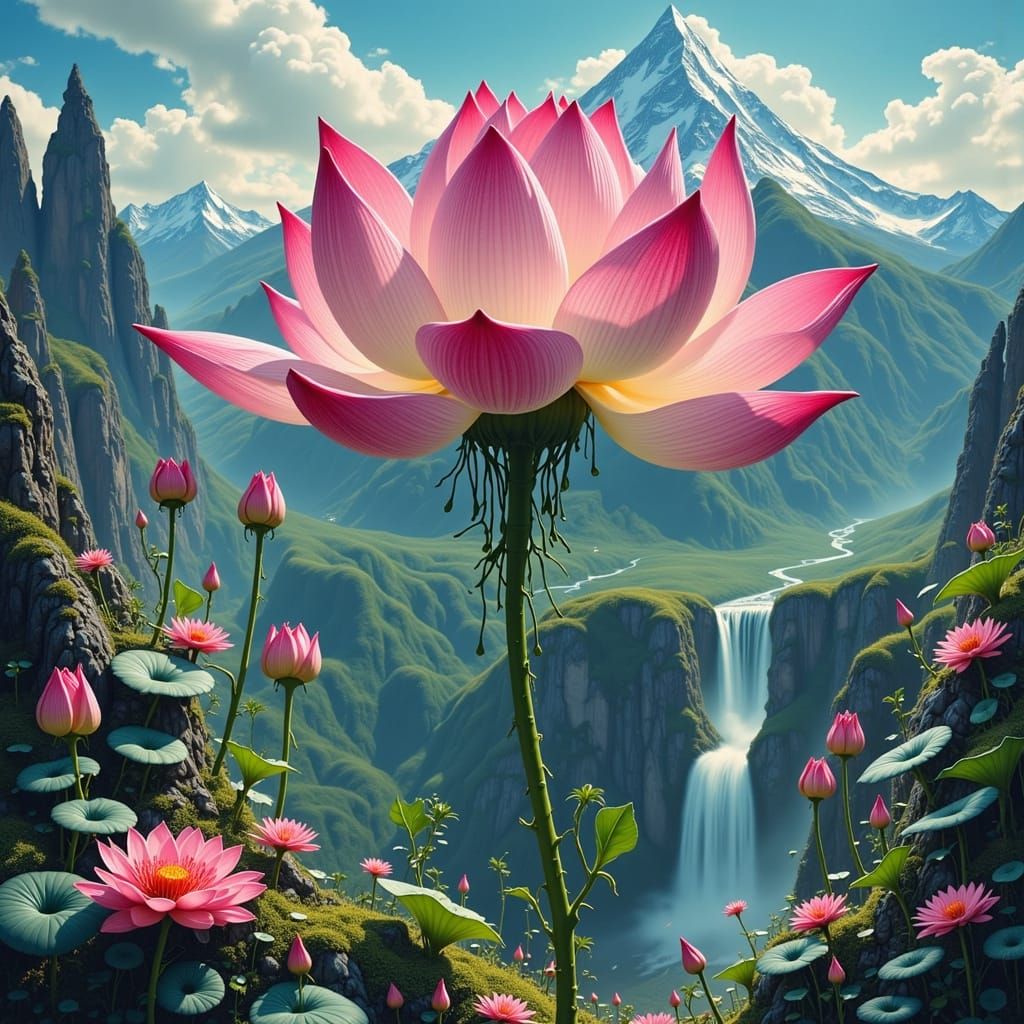 Surreal Lotus Blooms from Snow-Capped Peak in Vibrant Pop Ar...
