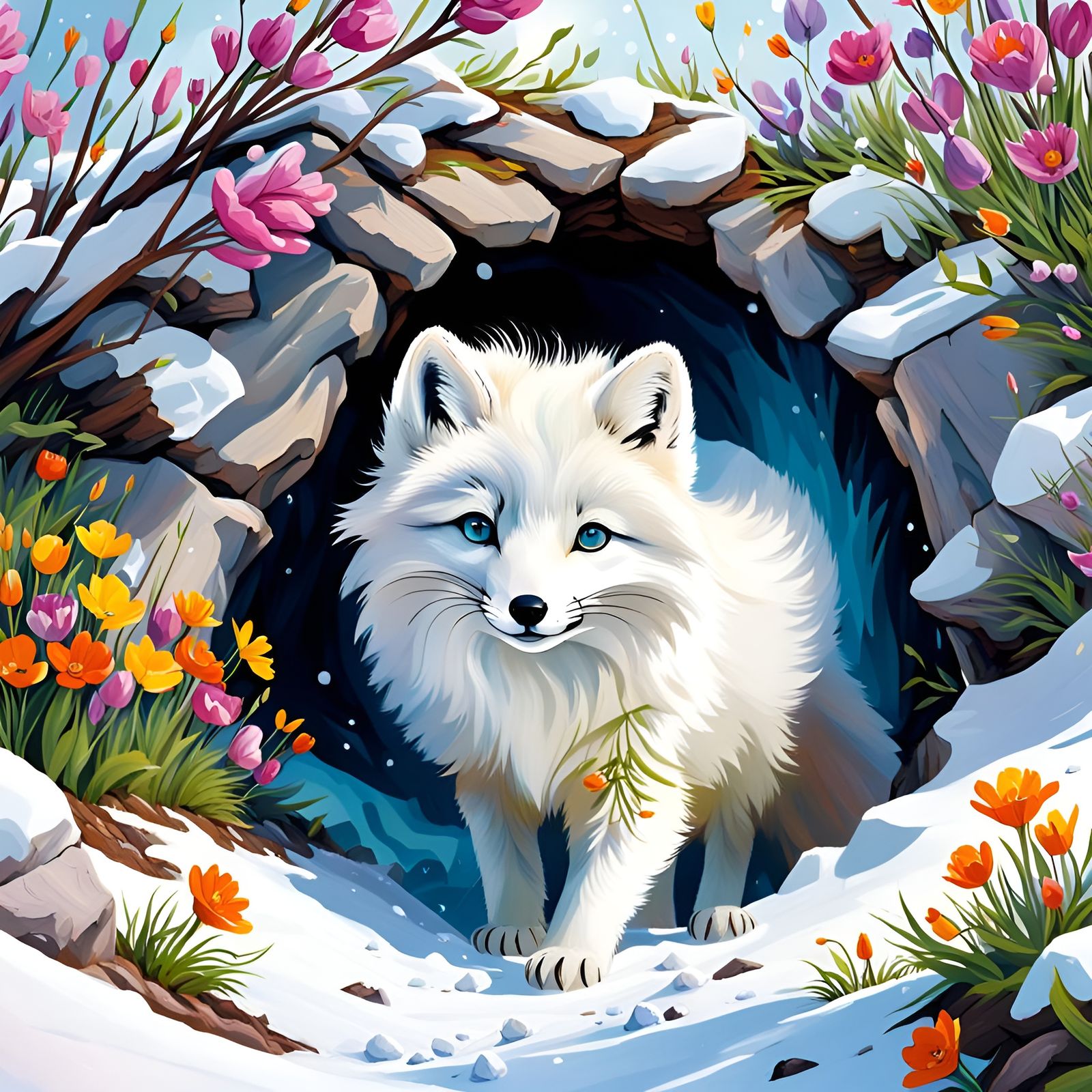 Arctic Fox Spring Bloom in Whimsical Style