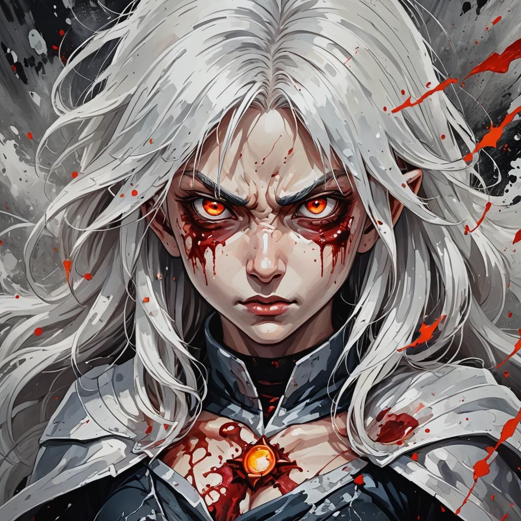 To depict Reya in a state of rage, imagine a once blank canvas suddenly streaked with crimson tears and splashes, conjur...