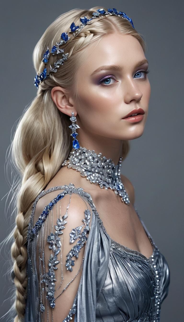 Scandinavian Woman in Silver Gown: High Fashion Photo