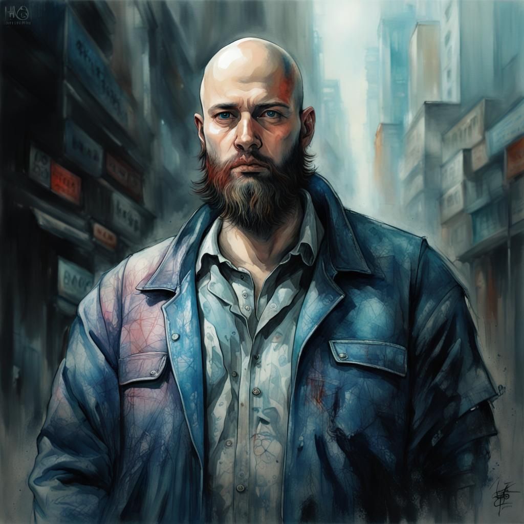 Water color painting of Handsome bald man