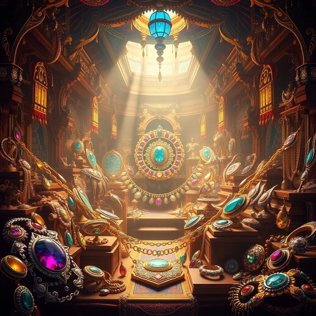 Epic Treasure of Exquisite Jewelry in a Golden, Atmospheric ...