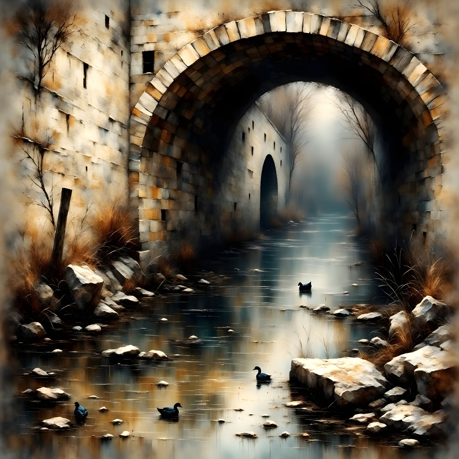 River Scene in a Somber Watercolor Style