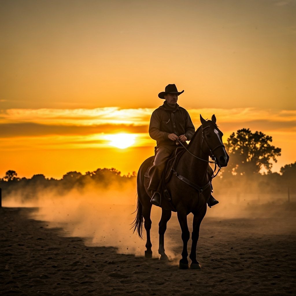 Lone Cowboy Rides Through Dusty Sunset